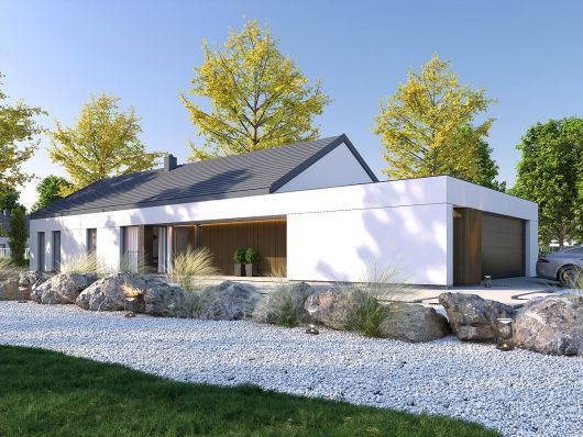 Dompasja 61 C - projekt domu parterowego z dachem bezokapowym na wąską działkę